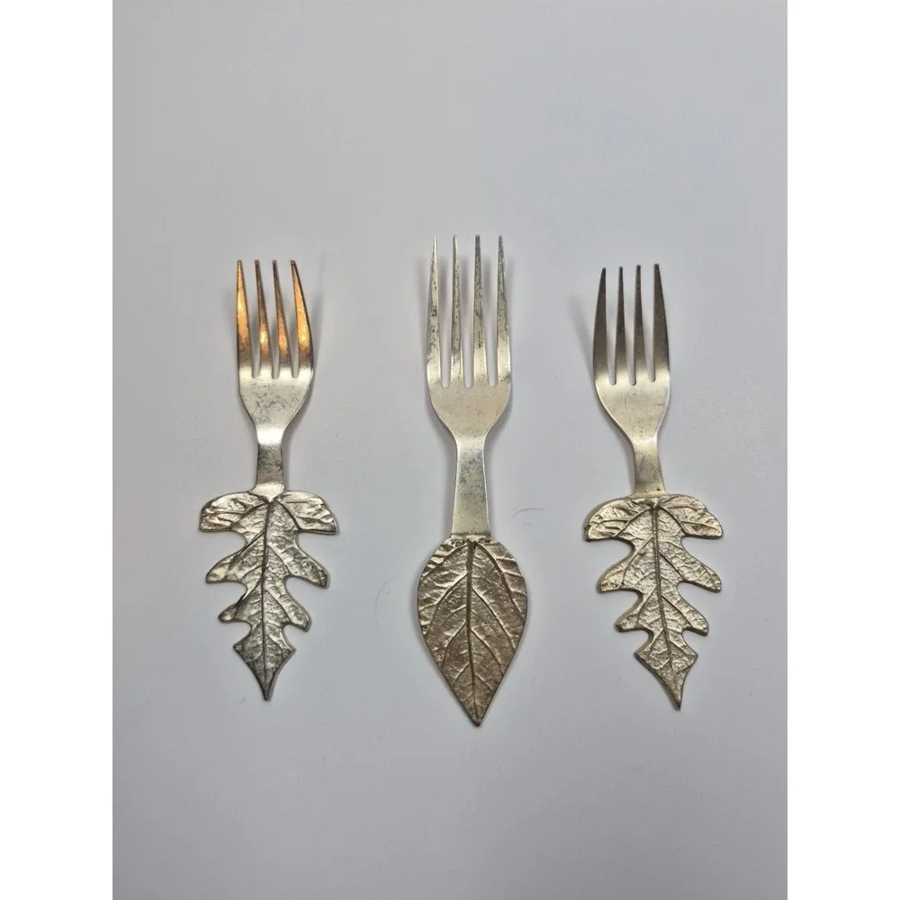 Lot Of 3 Forks Vintage‎ Silver Tone Appetizer Leaf Decorative Cocktail Fork